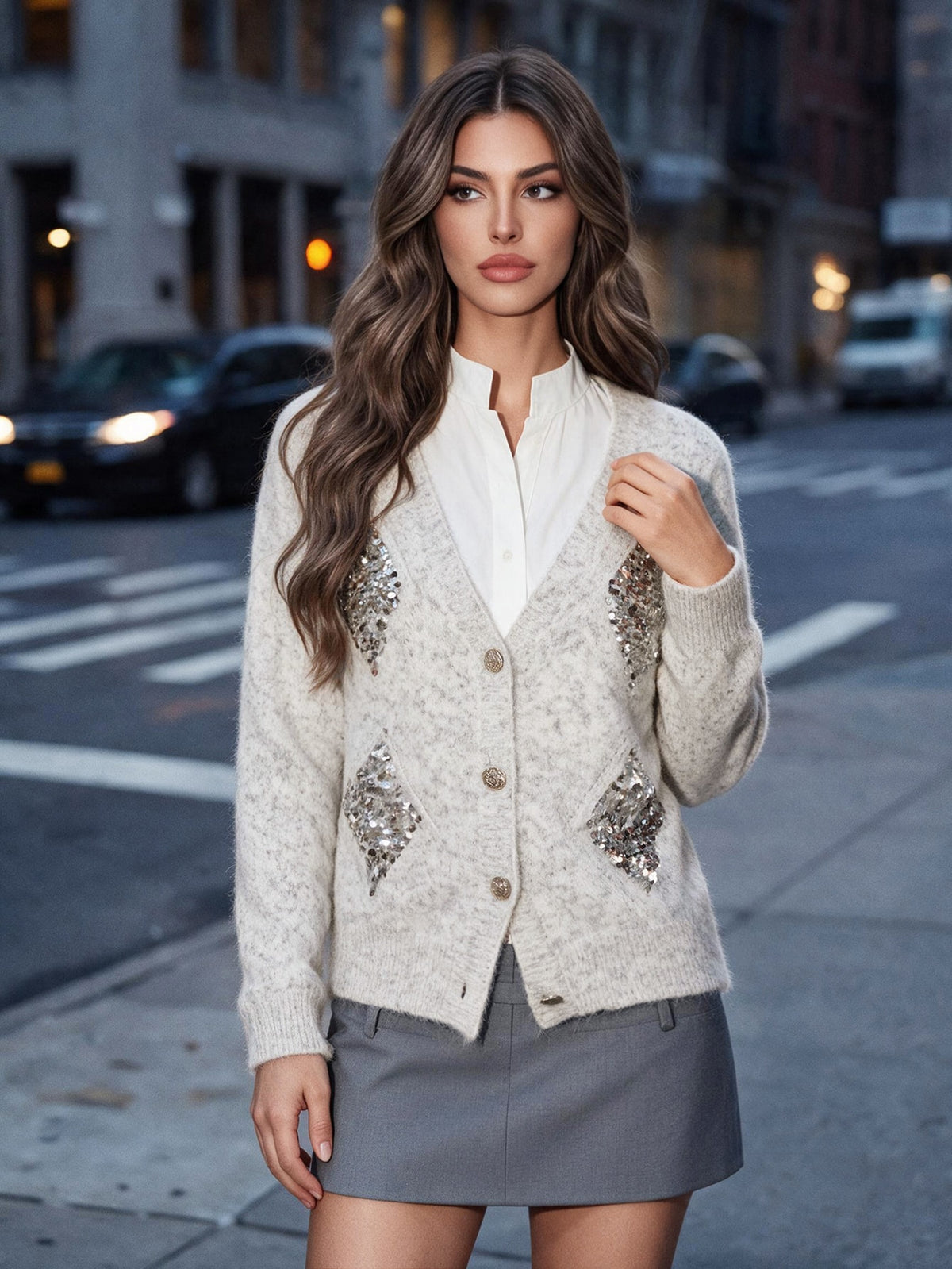 Ranea | V-Neck Sequin Knit Cardigan