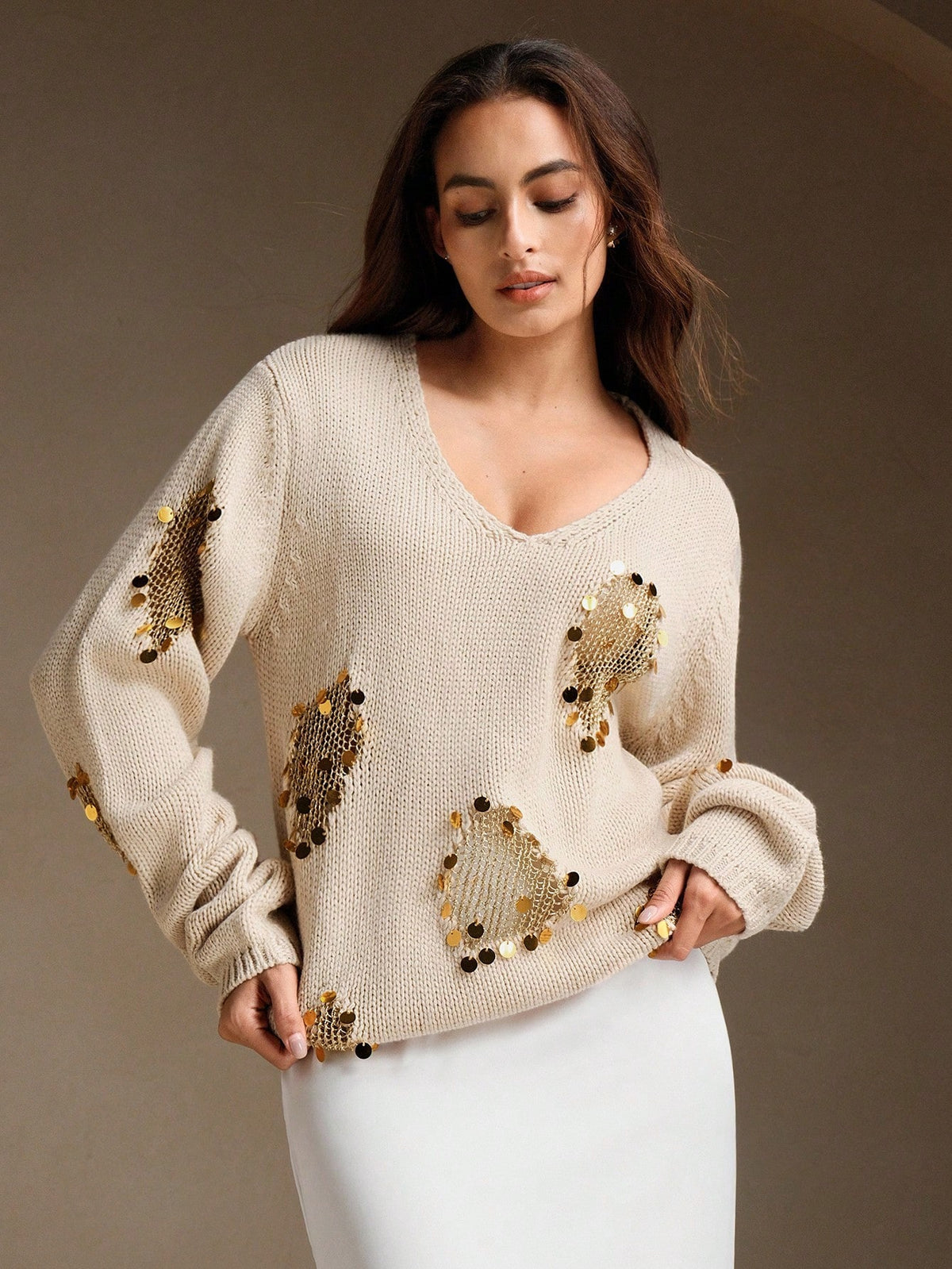 Edora | Beaded V-Neck Knit Pullover