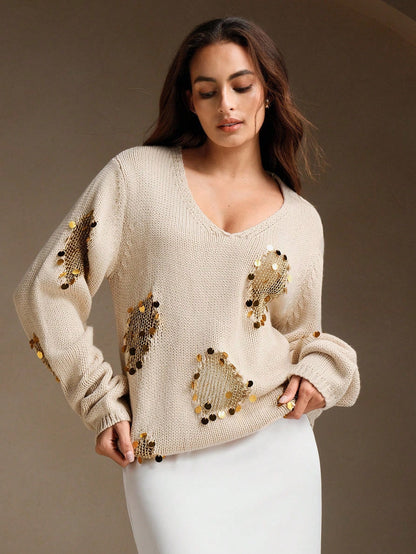 Edora | Beaded V-Neck Knit Pullover