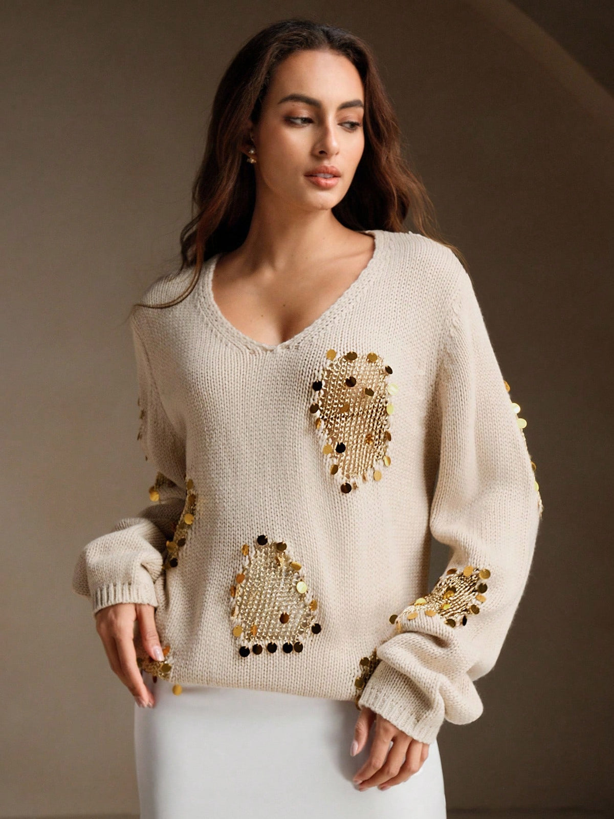 Edora | Beaded V-Neck Knit Pullover