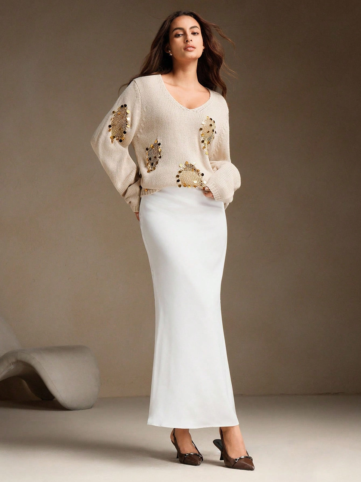 Edora | Beaded V-Neck Knit Pullover