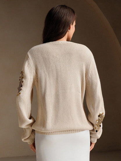 Edora | Beaded V-Neck Knit Pullover
