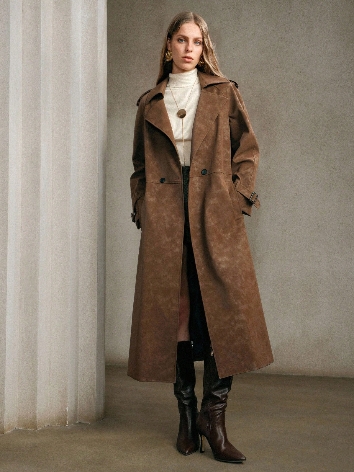 Avivis | Belted PU Trench Coat