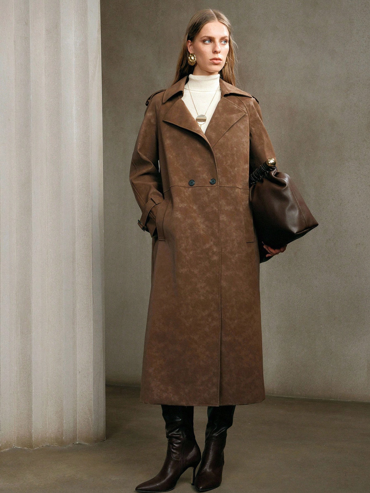 Avivis | Belted PU Trench Coat