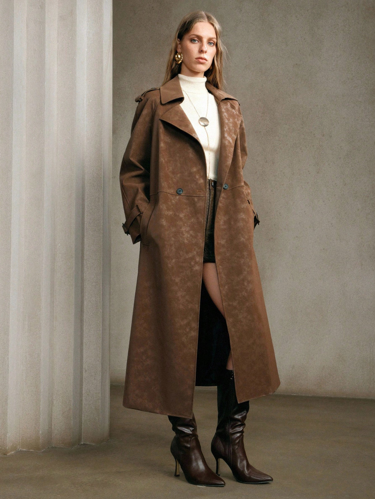 Avivis | Belted PU Trench Coat