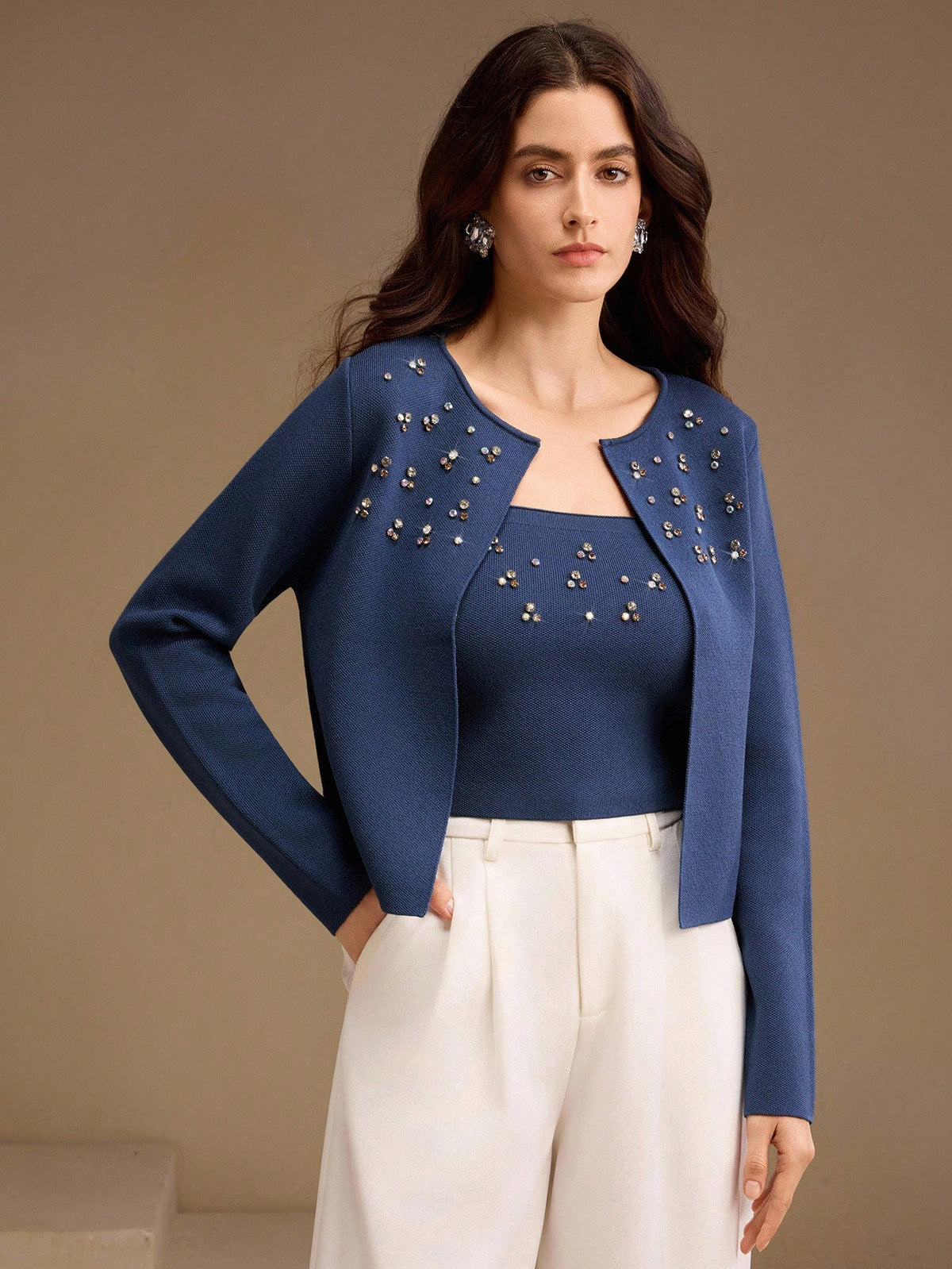 Olgya | Beaded Pearl Cardigan Two-Piece Set