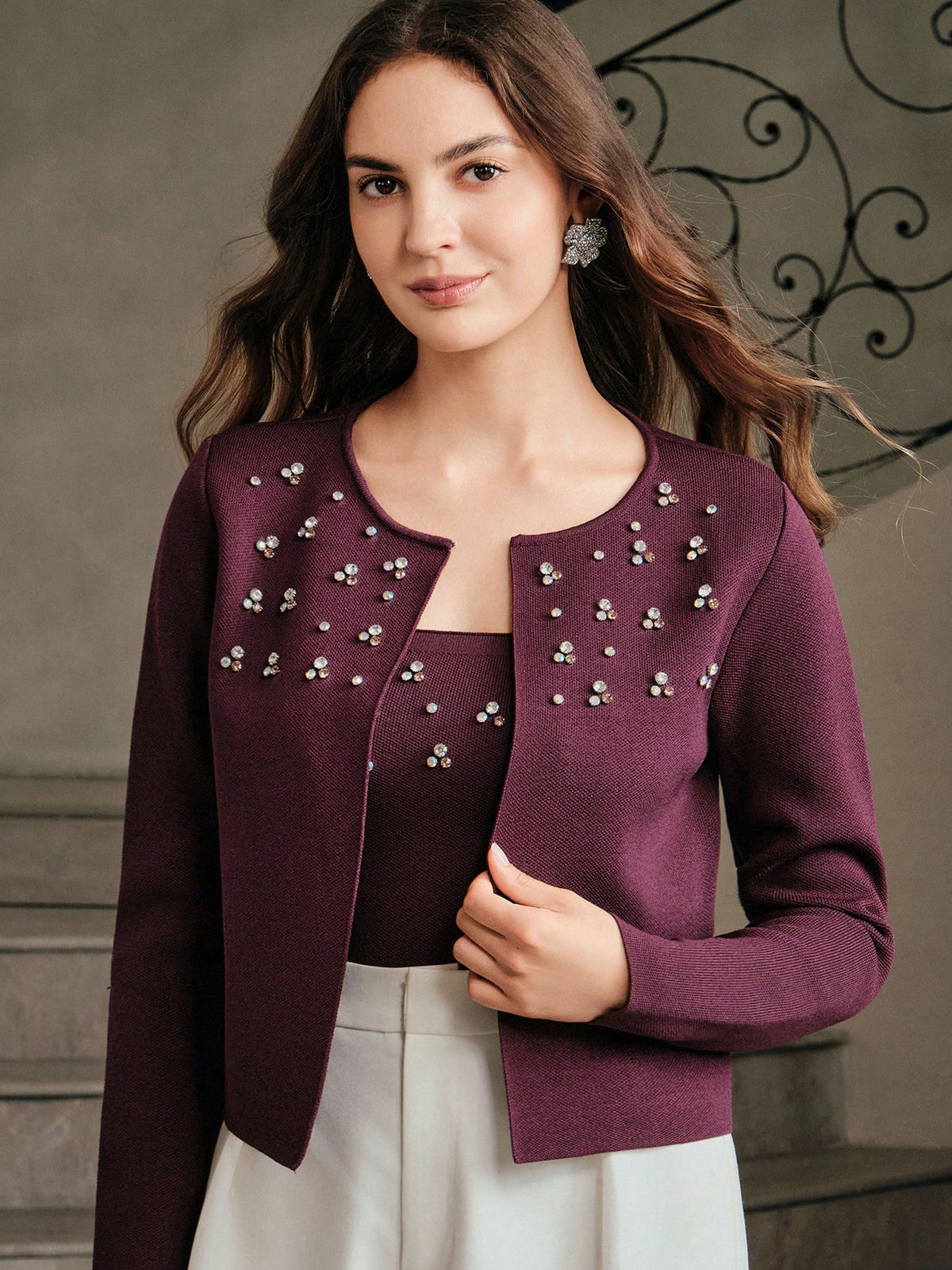 Olgya | Beaded Pearl Cardigan Two-Piece Set