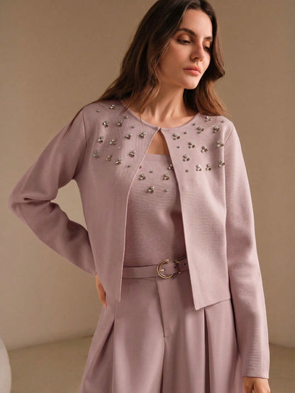 Olgya | Beaded Pearl Cardigan Two-Piece Set