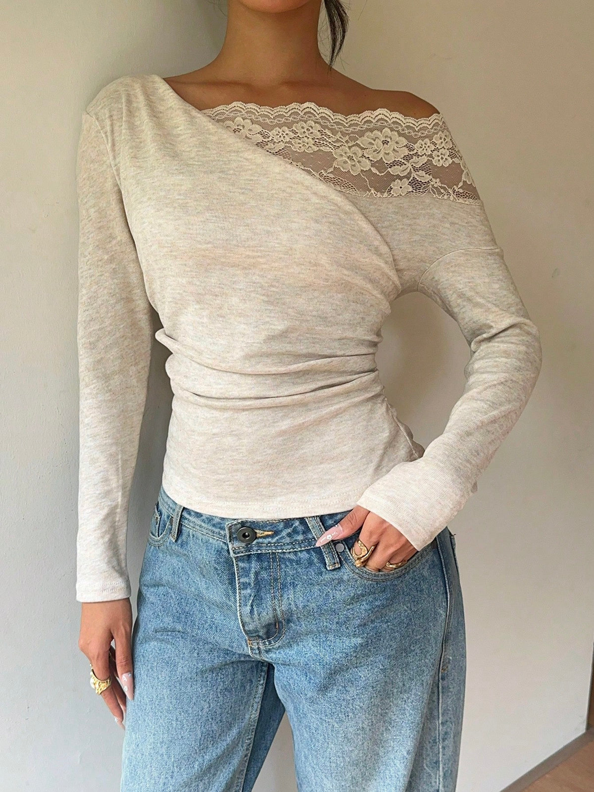 Nitea | One-Shoulder Lace-Panel Knit Top