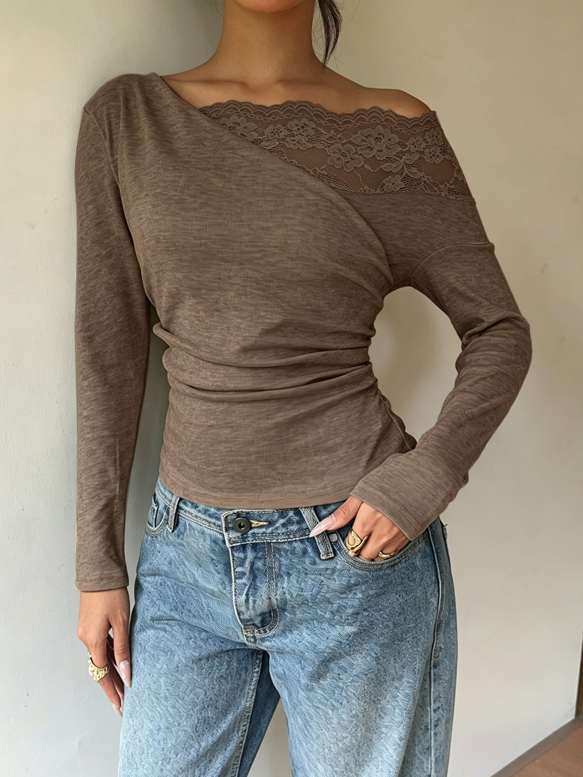 Nitea | One-Shoulder Lace-Panel Knit Top