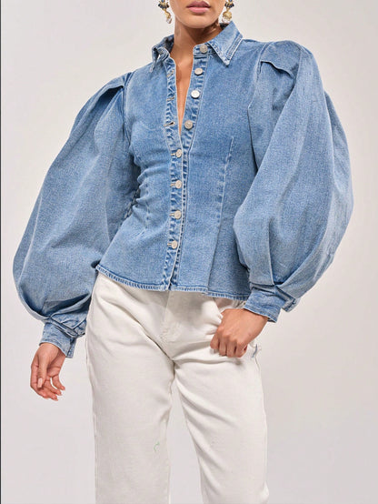Ginya | Puff-Sleeve Cropped Denim Jacket