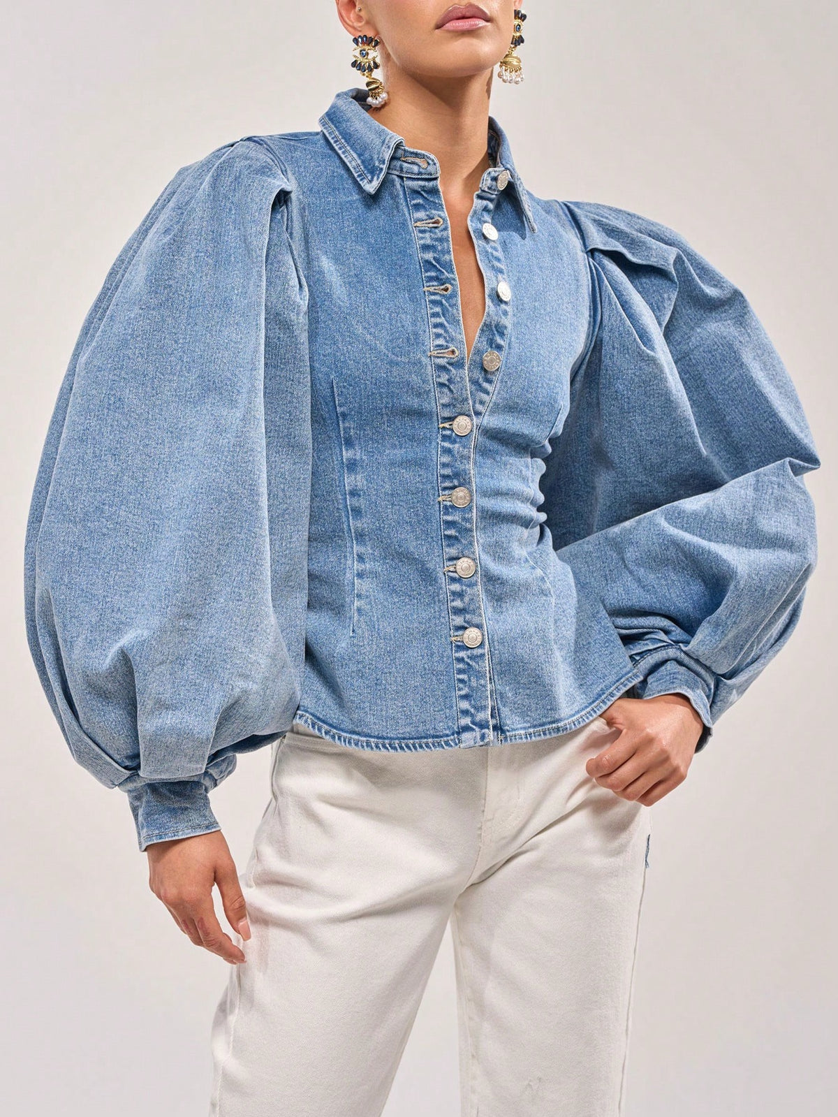 Ginya | Puff-Sleeve Cropped Denim Jacket