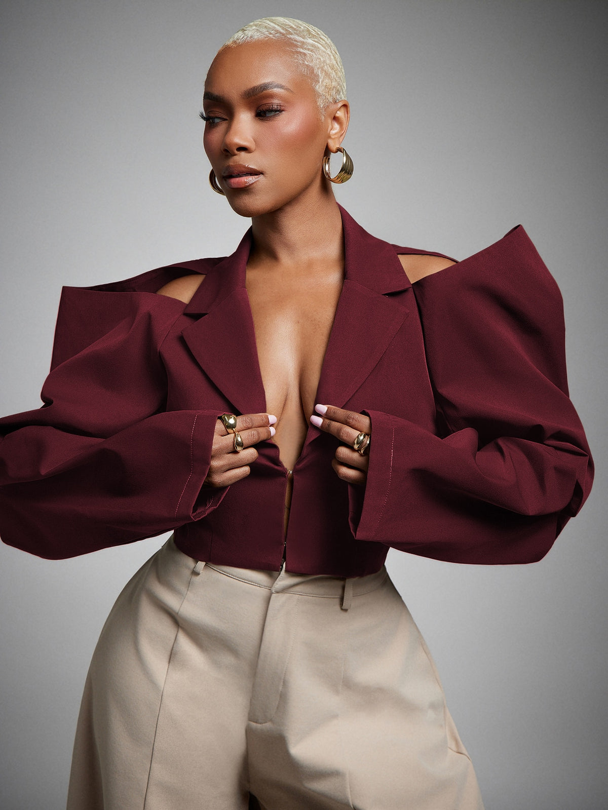 Ionea | Ruched Cold Shoulder Blazer