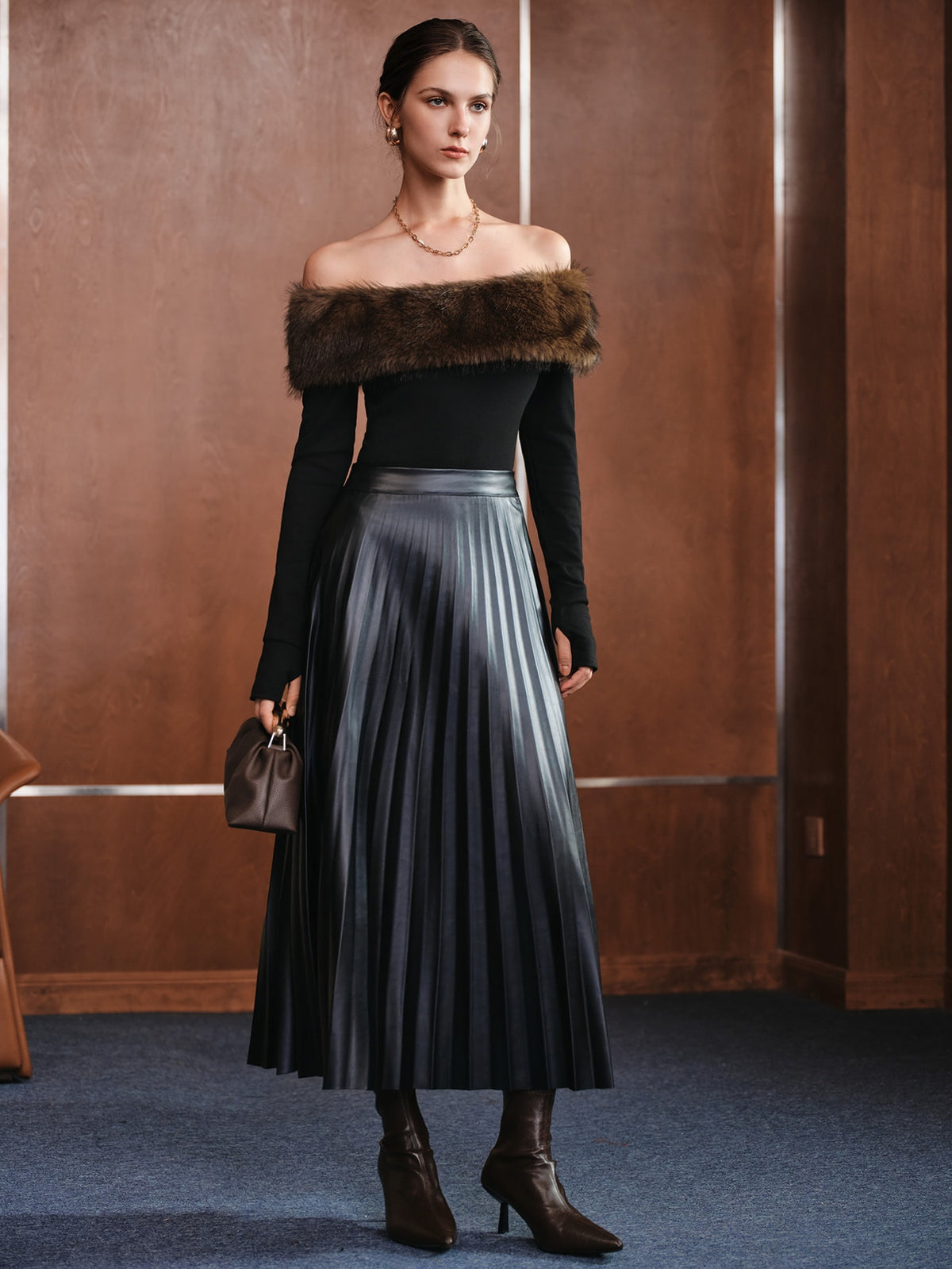 Islora | Faux Fur Patchwork Off-Shoulder Top