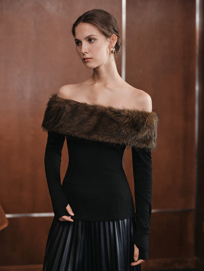 Islora | Faux Fur Patchwork Off-Shoulder Top
