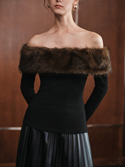 Islora | Faux Fur Patchwork Off-Shoulder Top