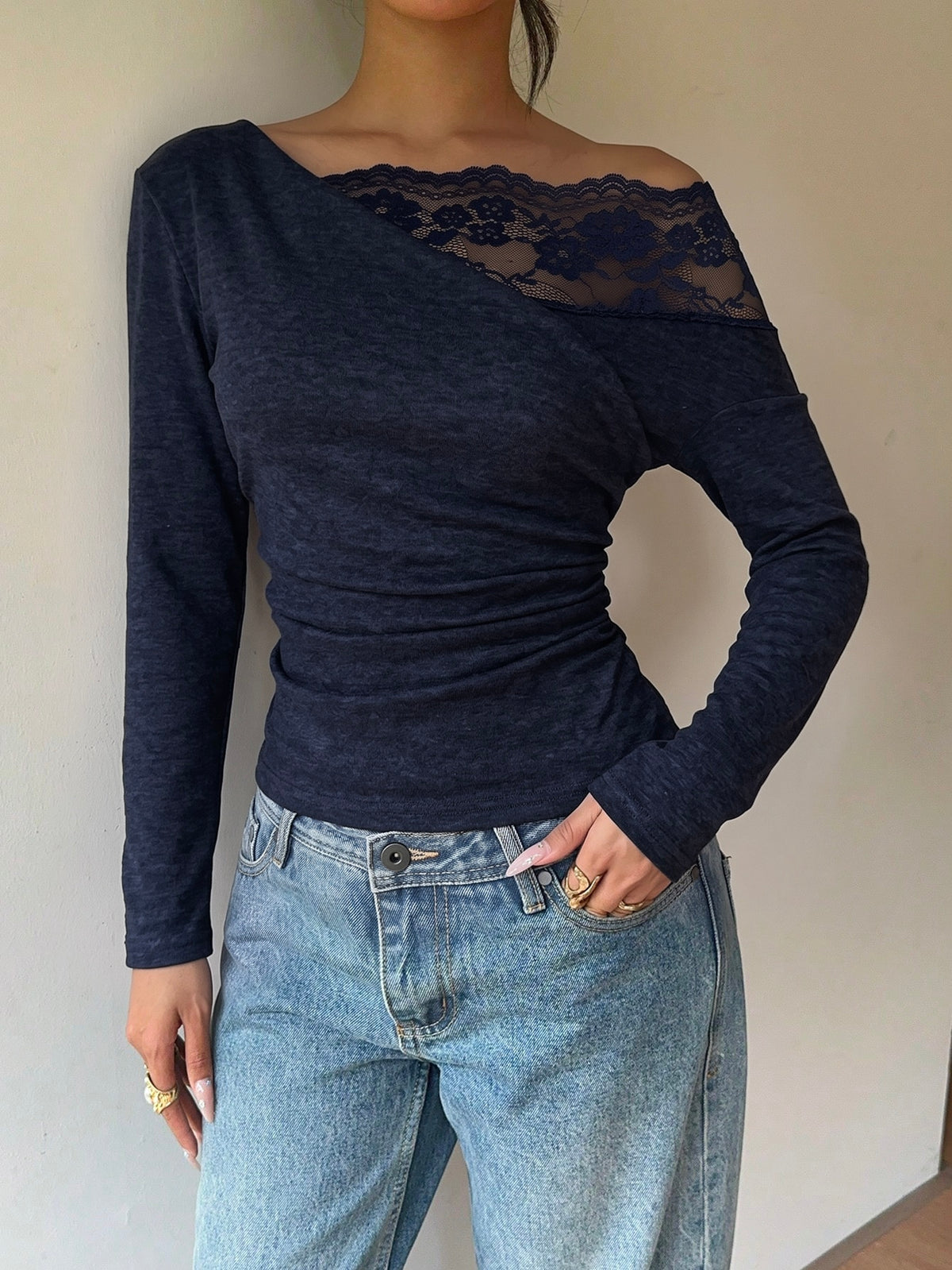 Nitea | One-Shoulder Lace-Panel Knit Top