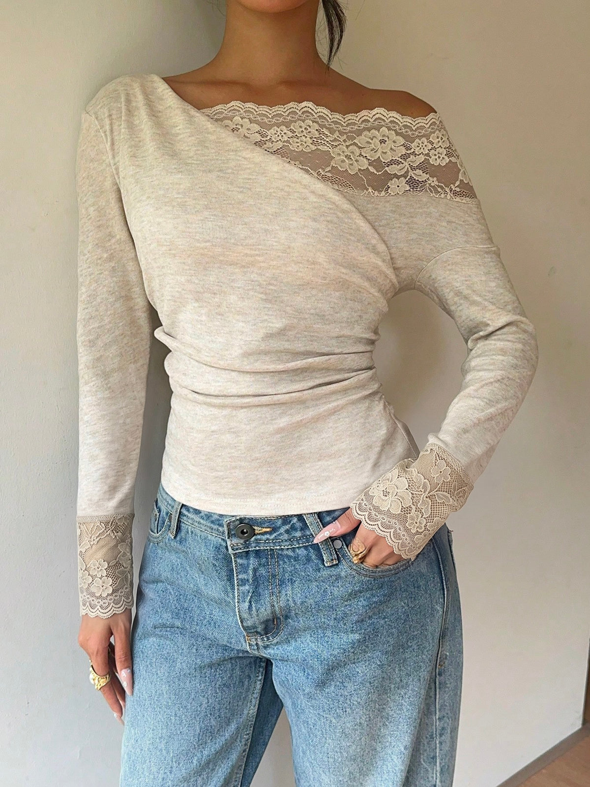 Nitea | One-Shoulder Lace-Panel Knit Top