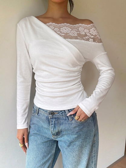 Nitea | One-Shoulder Lace-Panel Knit Top