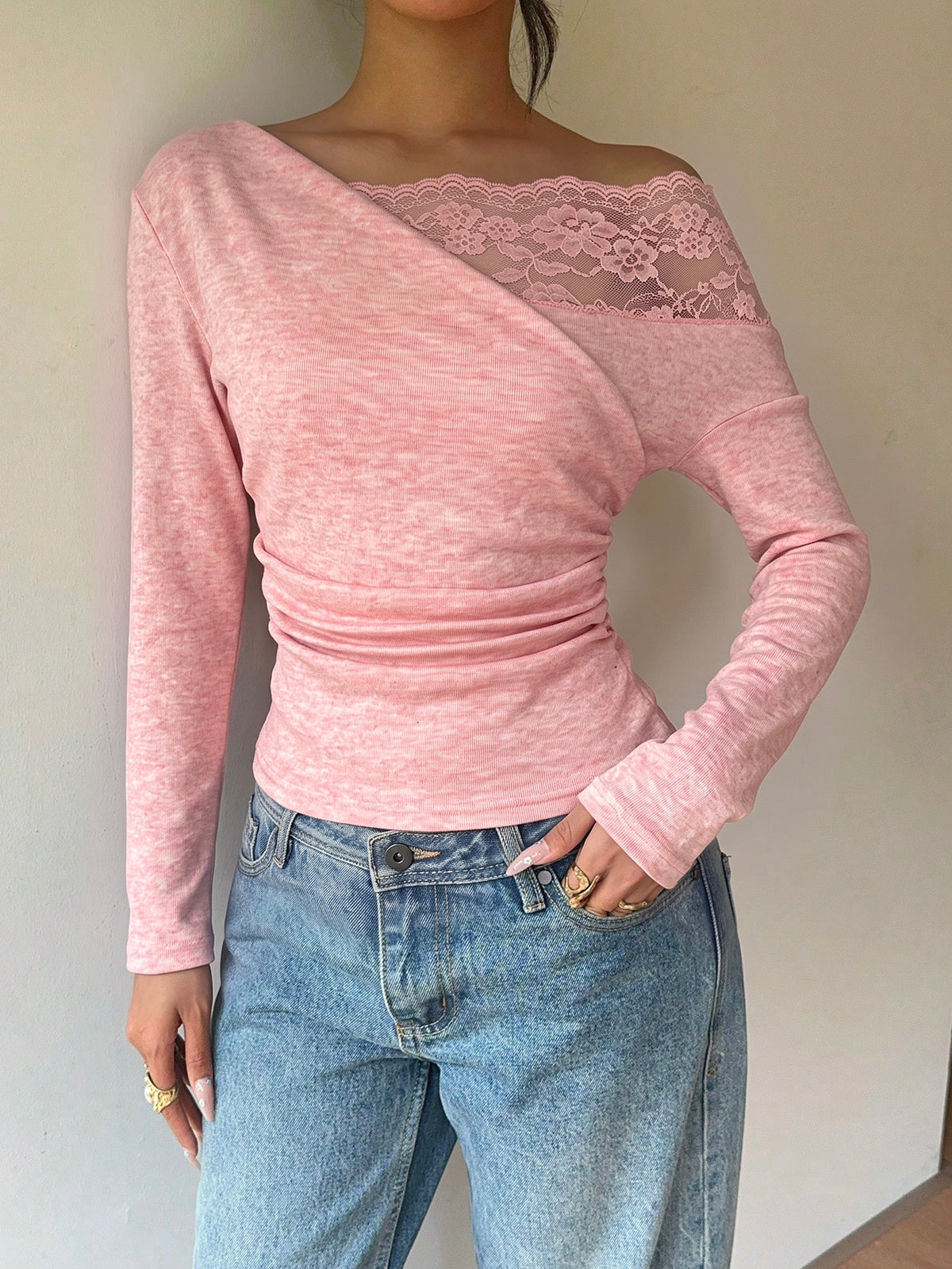 Nitea | One-Shoulder Lace-Panel Knit Top