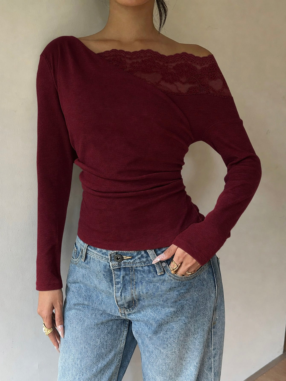 Nitea | One-Shoulder Lace-Panel Knit Top