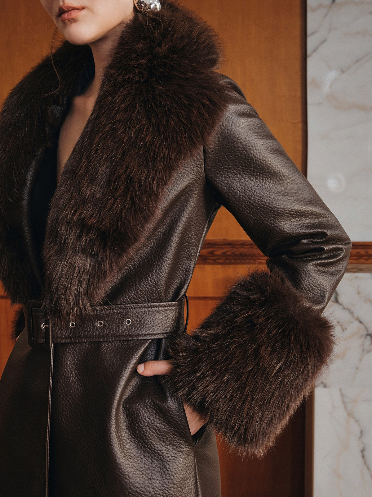 Elnya | PU Leather Midi Coat with Detachable Fur