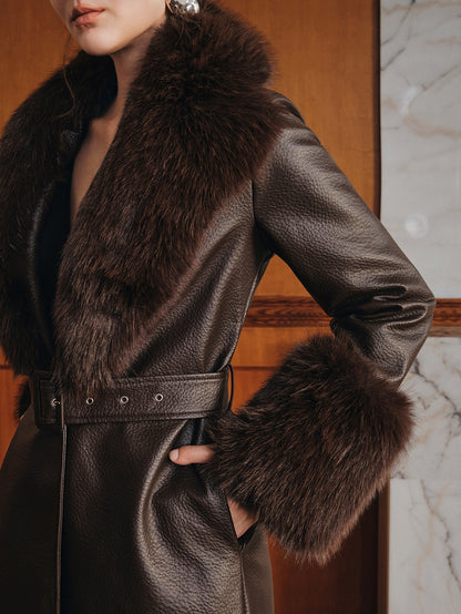 Elnya | PU Leather Midi Coat with Detachable Fur