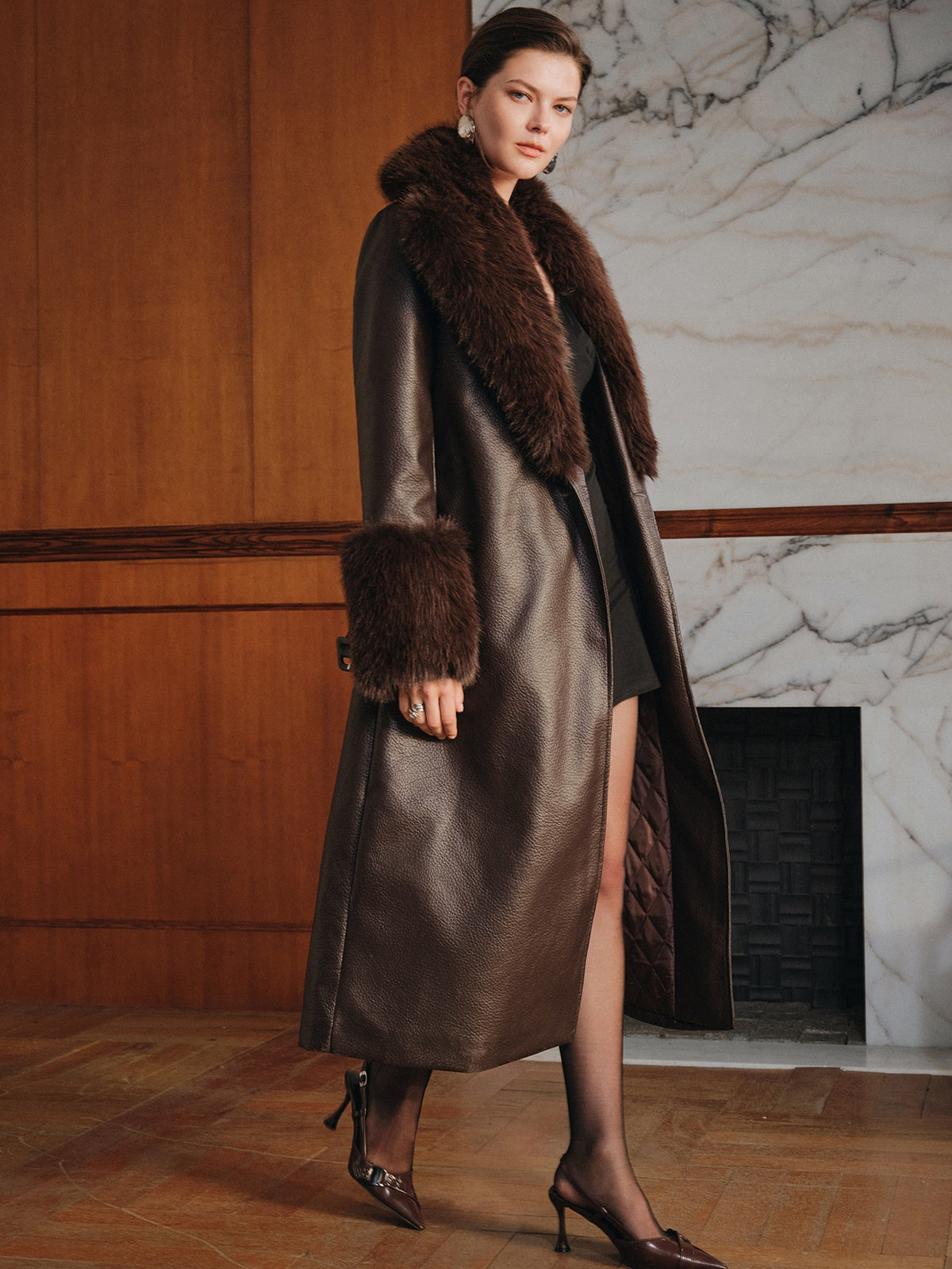 Elnya | PU Leather Midi Coat with Detachable Fur