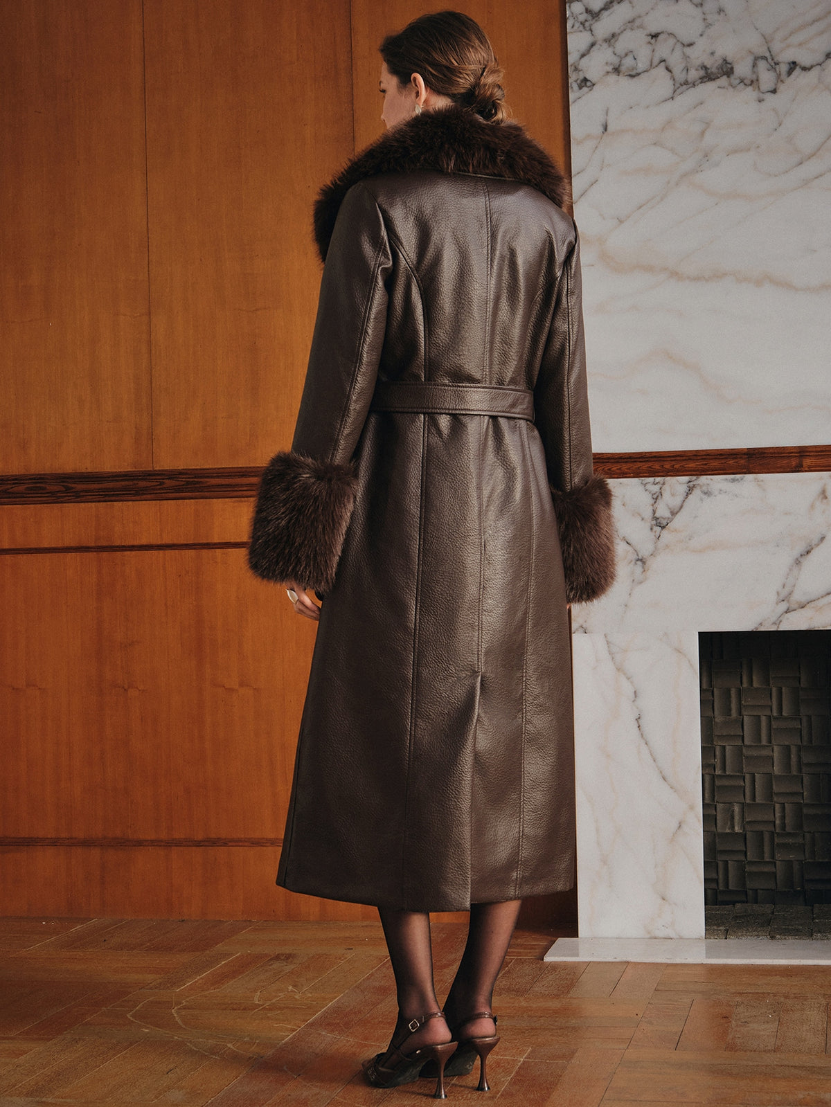 Elnya | PU Leather Midi Coat with Detachable Fur