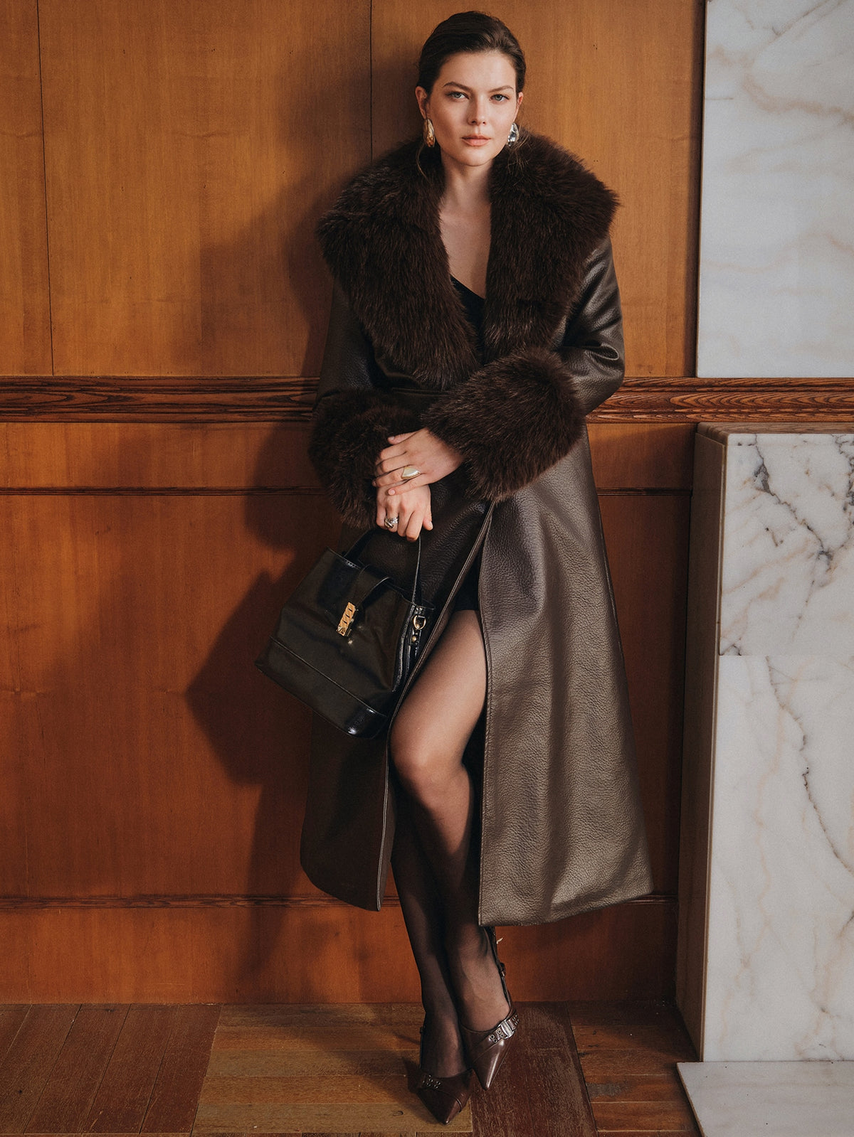 Elnya | PU Leather Midi Coat with Detachable Fur