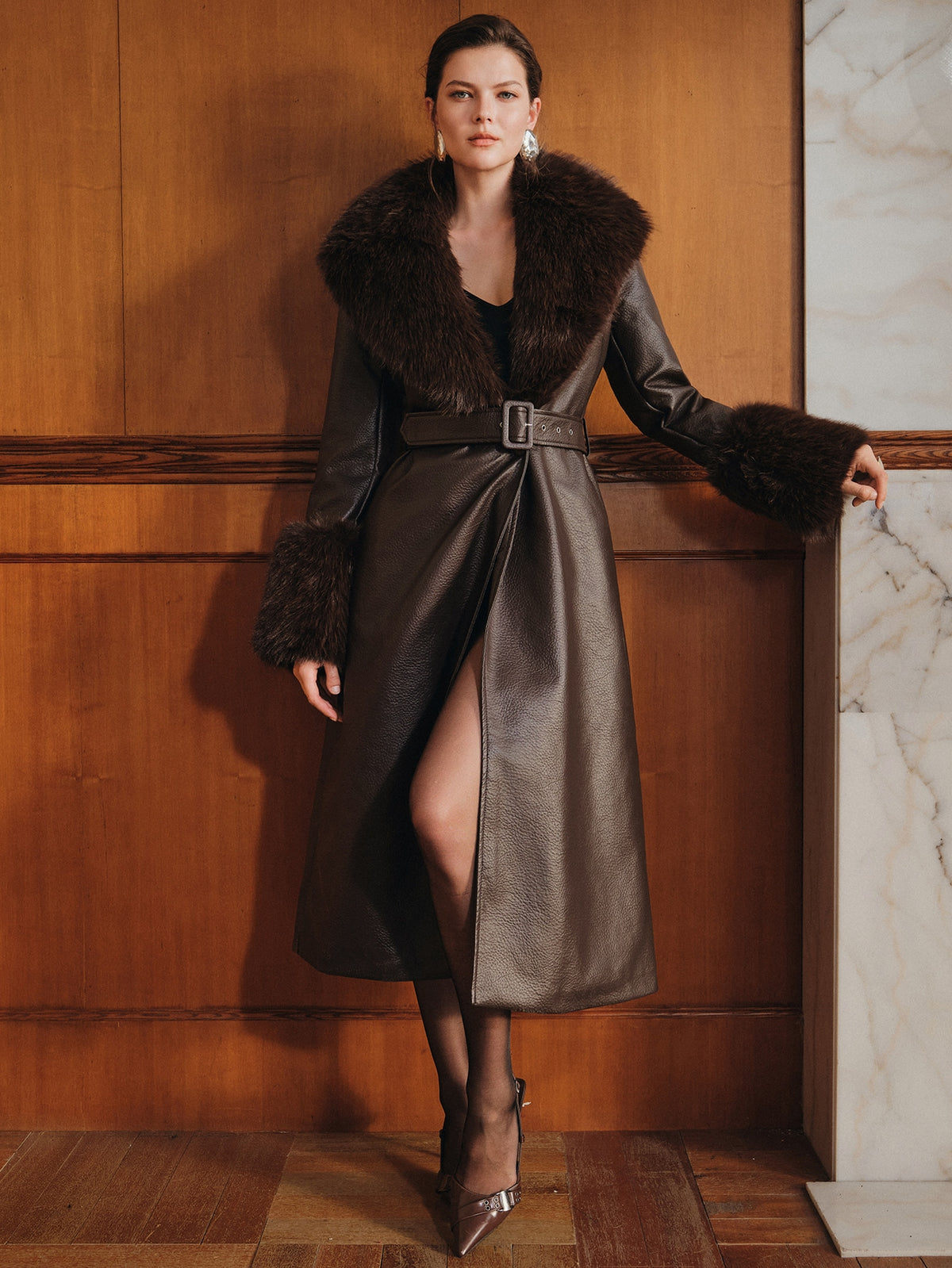 Elnya | PU Leather Midi Coat with Detachable Fur