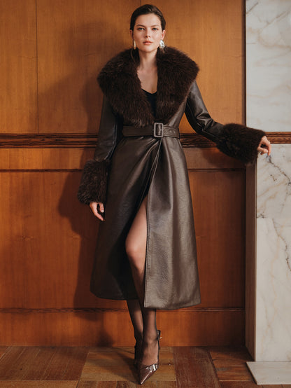 Elnya | PU Leather Midi Coat with Detachable Fur