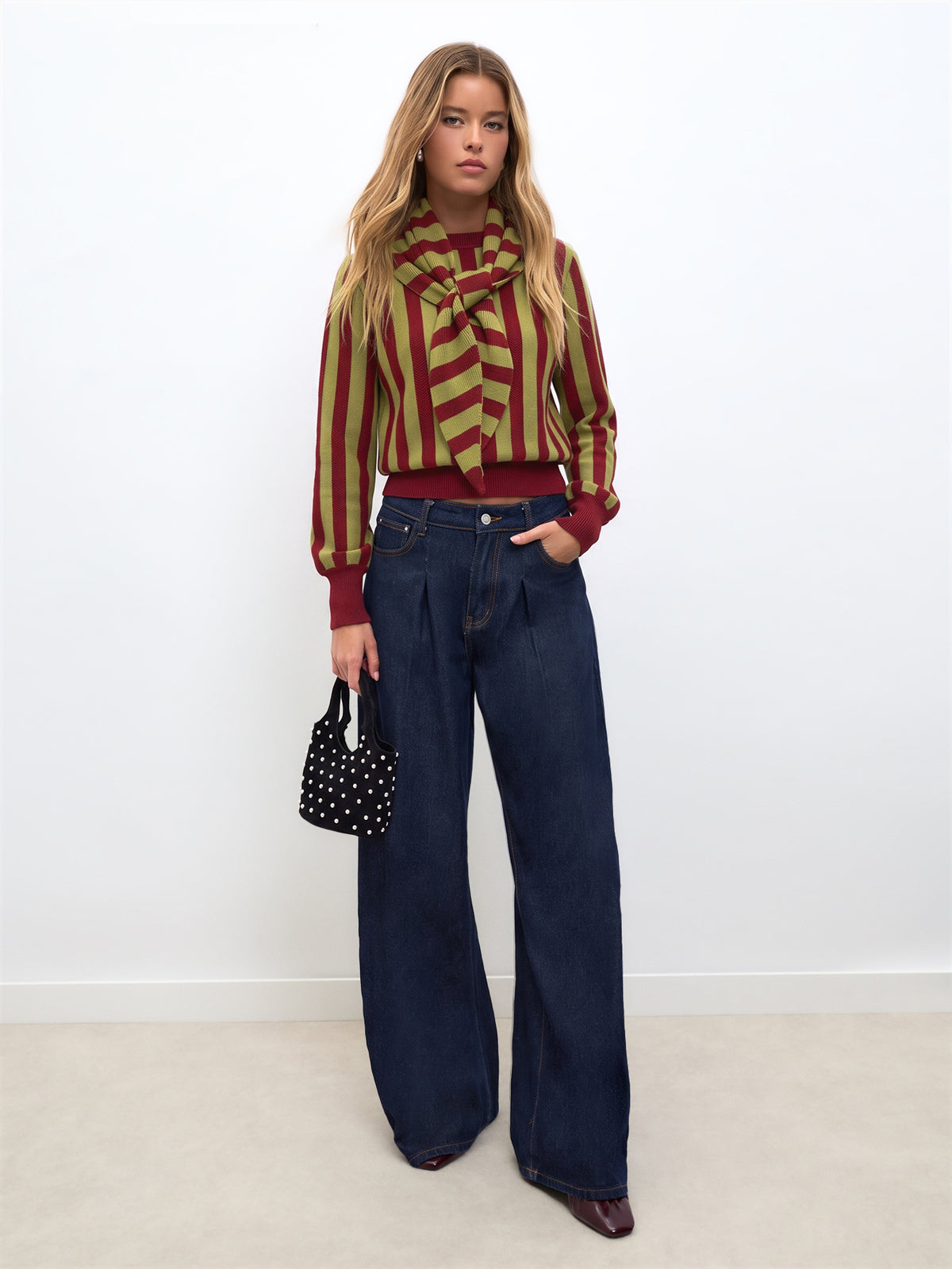 Dria | Striped Knit Sweater with Scarf Collar