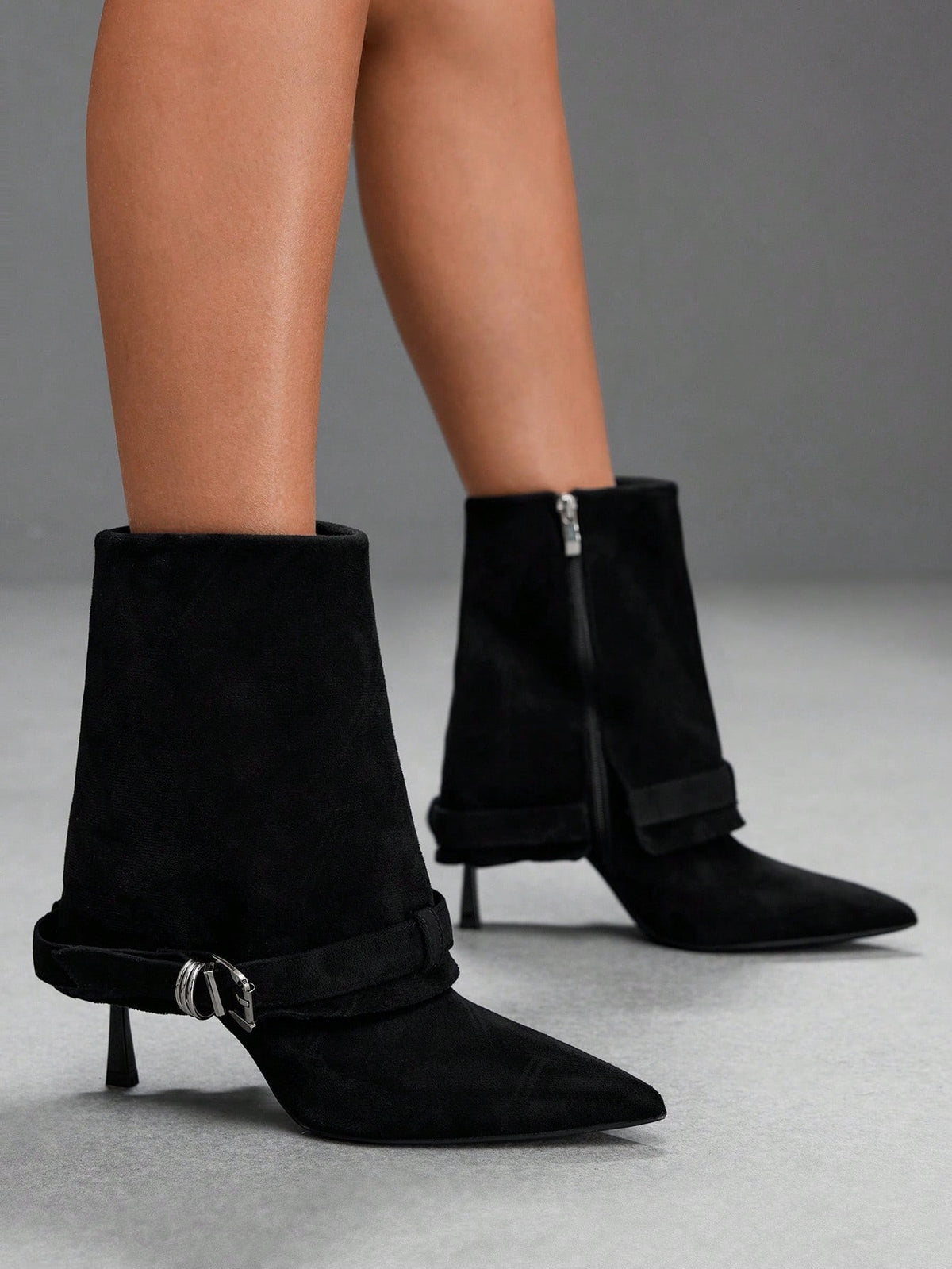 Nelya | Faux Suede Fold Over Stiletto Boots