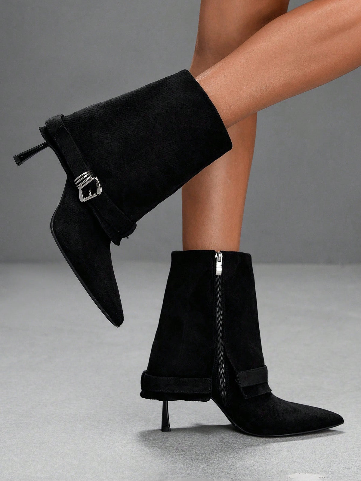 Nelya | Faux Suede Fold Over Stiletto Boots
