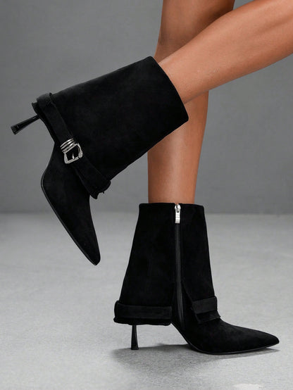 Nelya | Faux Suede Fold Over Stiletto Boots