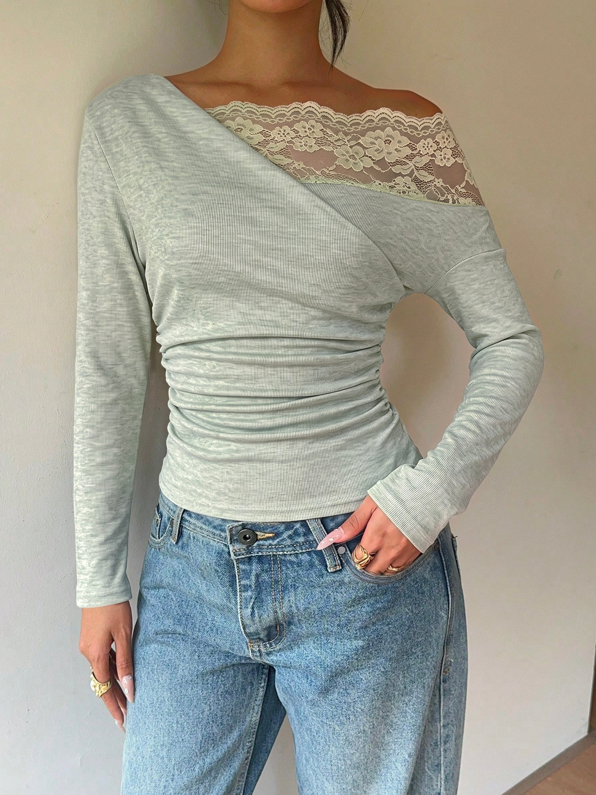 Nitea | One-Shoulder Lace-Panel Knit Top