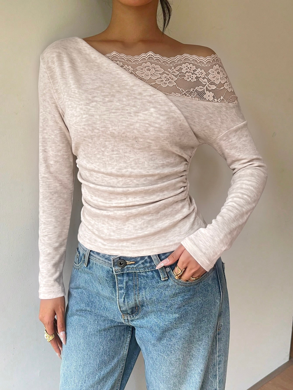 Nitea | One-Shoulder Lace-Panel Knit Top