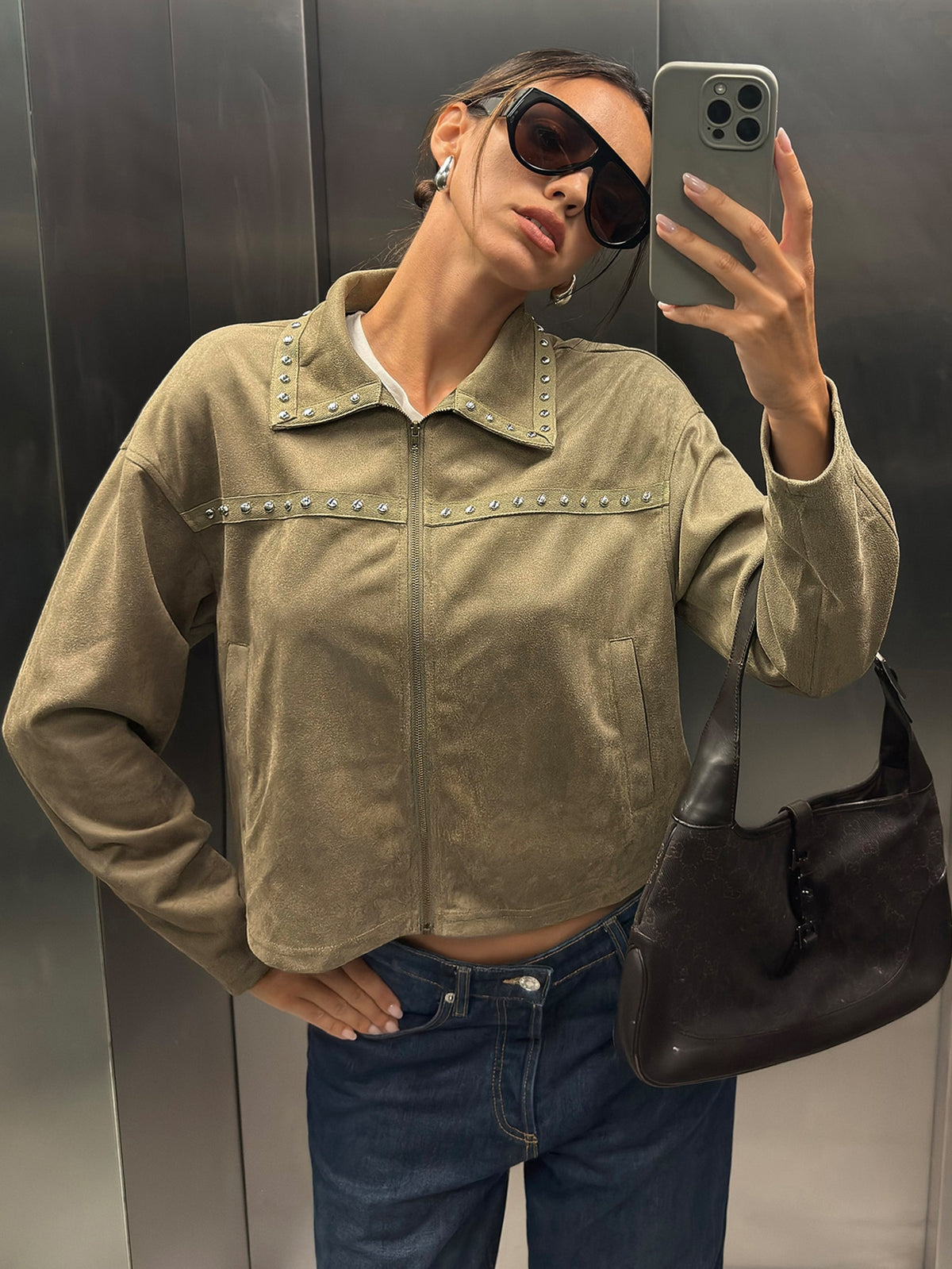 Thina | Studded Faux Suede Jacket