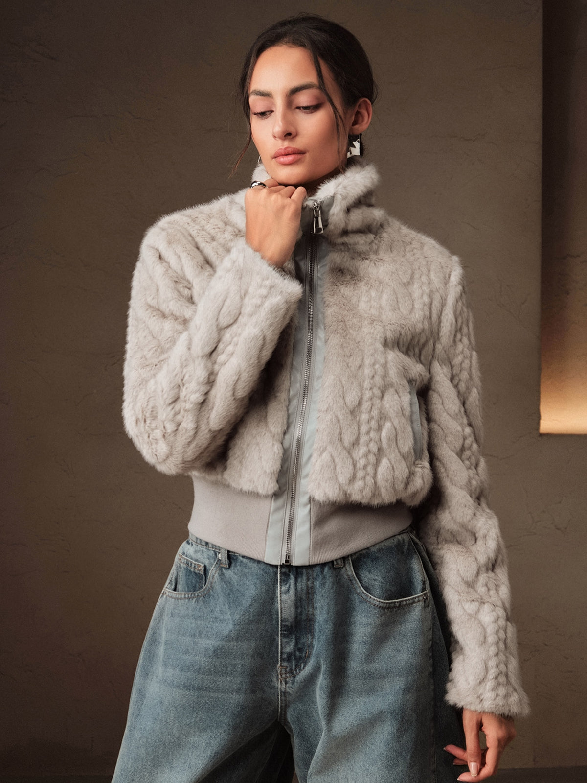 Elvia | Cable Knit Faux Fur Jacket