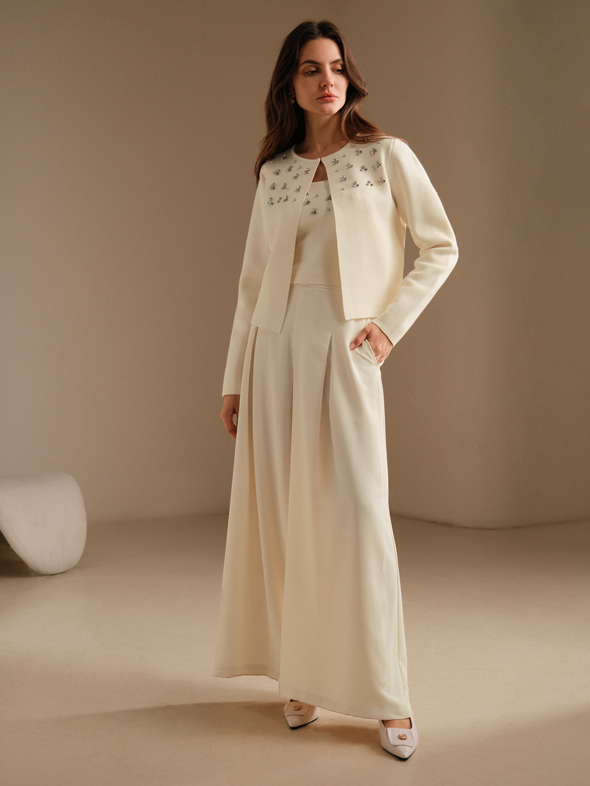 Olgya | Beaded Pearl Cardigan Two-Piece Set
