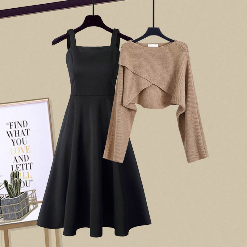 Versatile 2-in-1 Knit Dress Set for Women, A-Line Dress with Cropped Sweater Layer, for Work, Casual, Date Night & Every