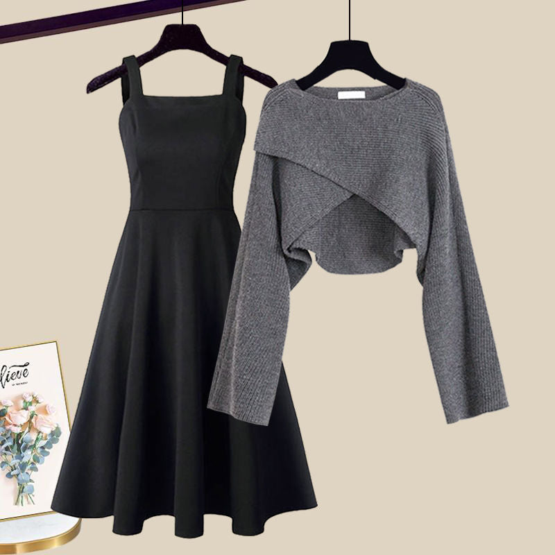 Versatile 2-in-1 Knit Dress Set for Women, A-Line Dress with Cropped Sweater Layer, for Work, Casual, Date Night & Every
