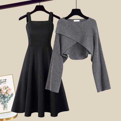 Versatile 2-in-1 Knit Dress Set for Women, A-Line Dress with Cropped Sweater Layer, for Work, Casual, Date Night & Every
