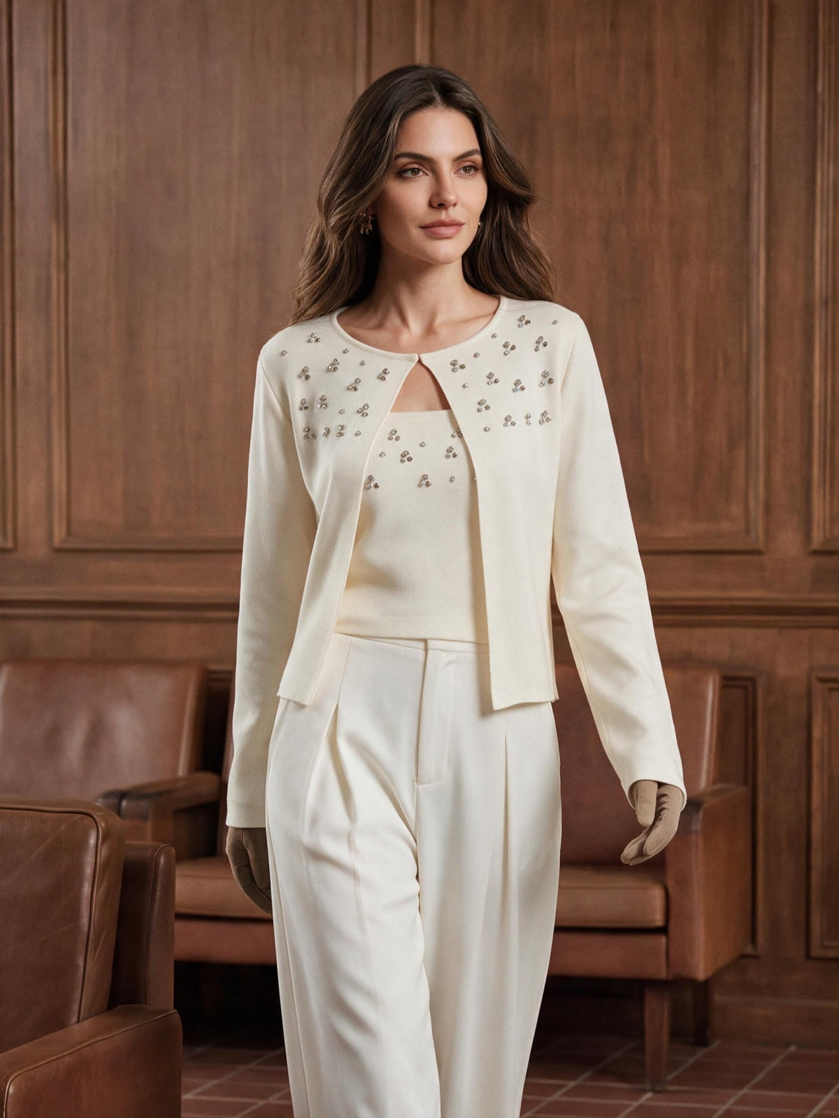 Olgya | Beaded Pearl Cardigan Two-Piece Set