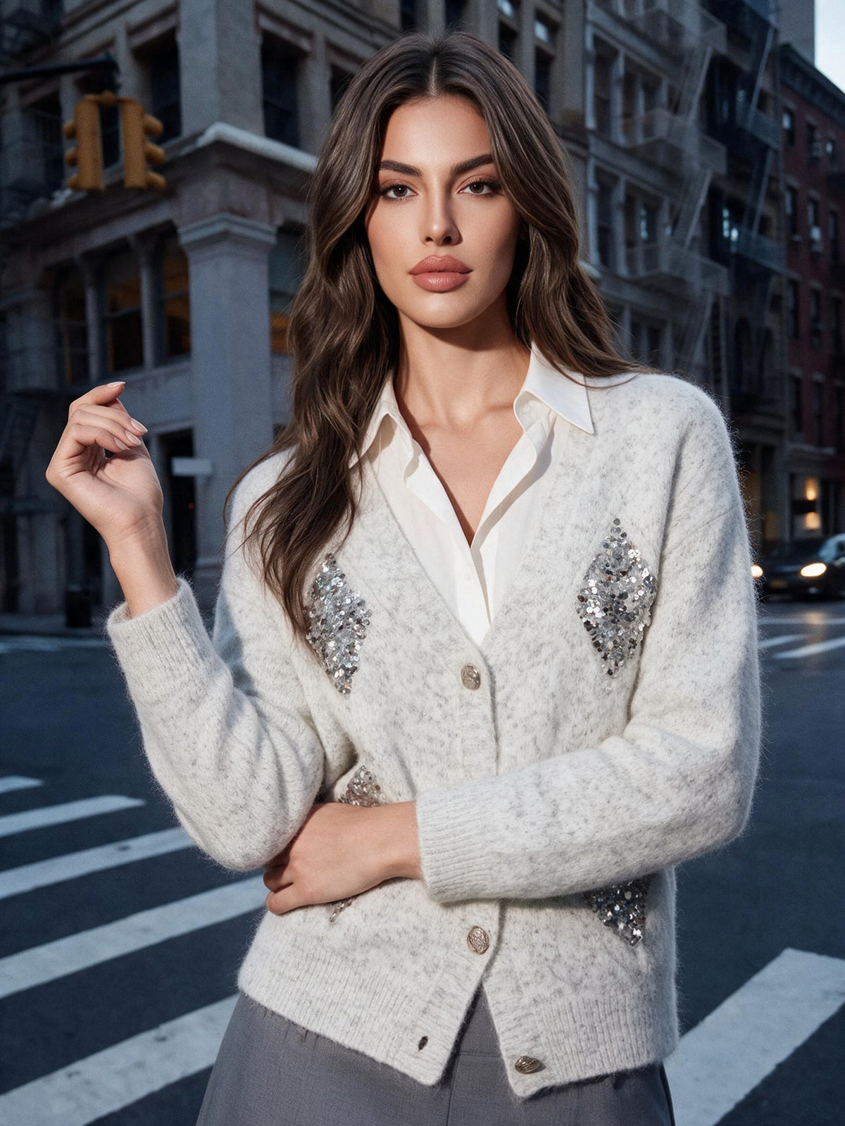 Ranea | V-Neck Sequin Knit Cardigan