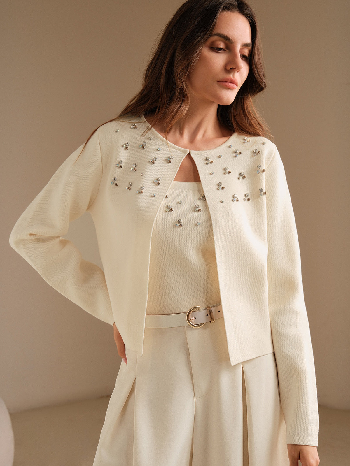 Olgya | Beaded Pearl Cardigan Two-Piece Set