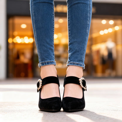 Emmeline Roxane | Velvet Pearl-Accent Heels