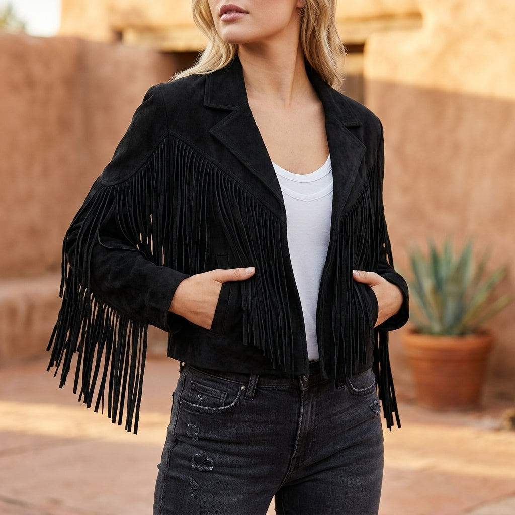 Evelyn | Women's Fringe Suede Cropped Moto Jacket