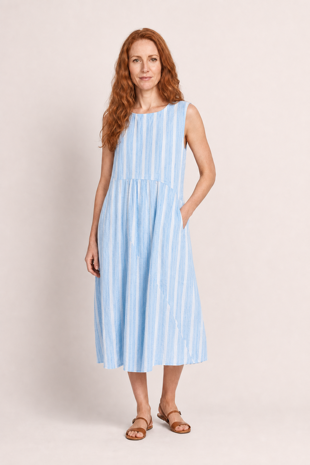 Naya | Women's Casual Linen Plaid Sleeveless Midi Dress